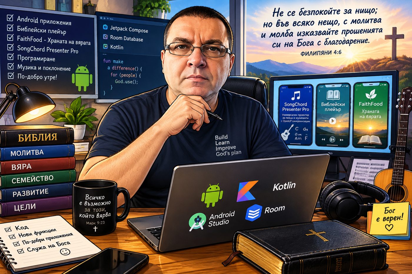 Hristo Hristov at his workspace — Android, Kotlin, Bible Player, SongChord Presenter Pro, FaithFood